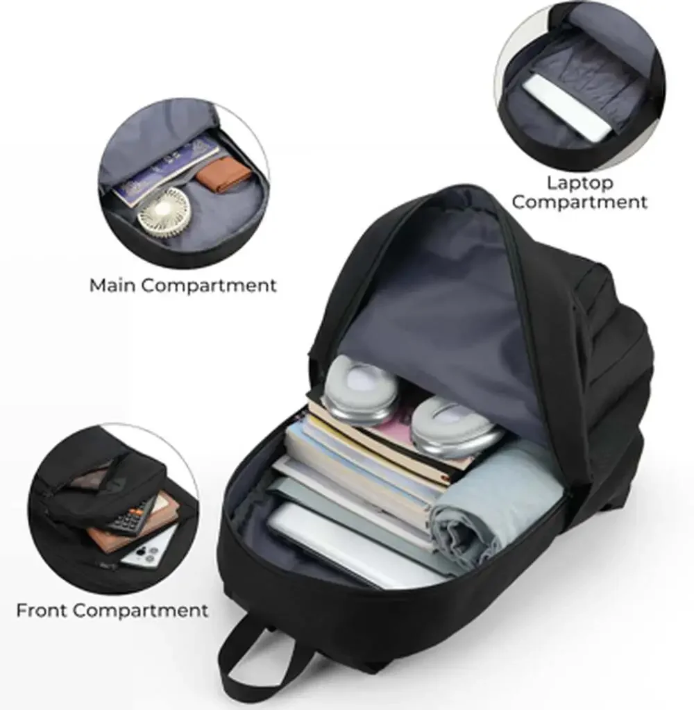 Unisex Black Backpack for School Lightweight Fits 15.6 Inch Laptop Water Bottle